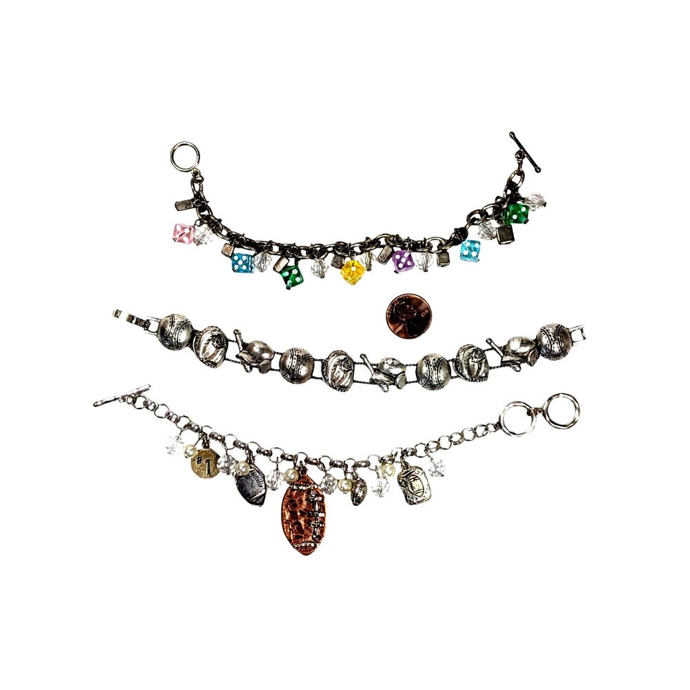 3 Silver Tone Charm Bracelet Lot Dice Football Baseball Slider Link Coquette